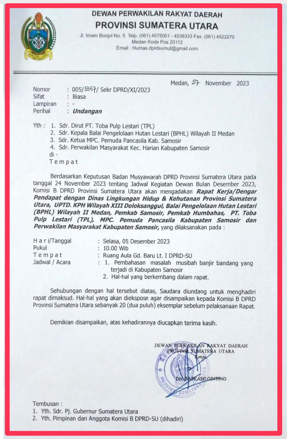 Hari ini DPRDSU RDP vs TPL Terkait Banjir Bandang Sihotang Semoga Tidak Hanya Cakap-Cakap Semata
